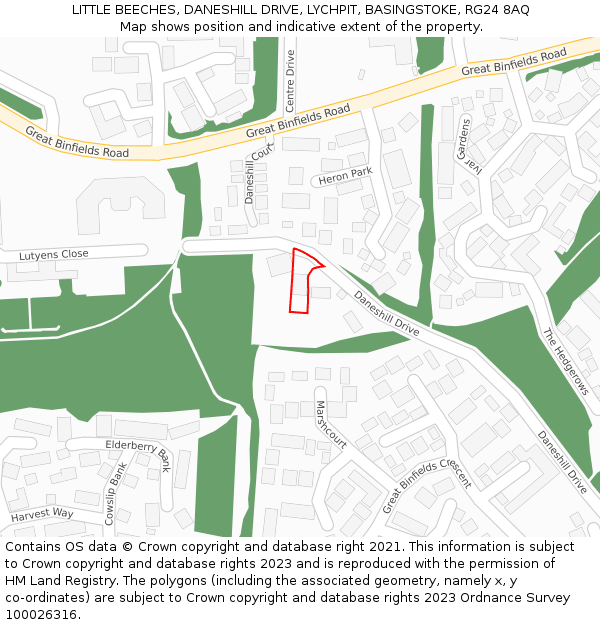 LITTLE BEECHES, DANESHILL DRIVE, LYCHPIT, BASINGSTOKE, RG24 8AQ: Location map and indicative extent of plot