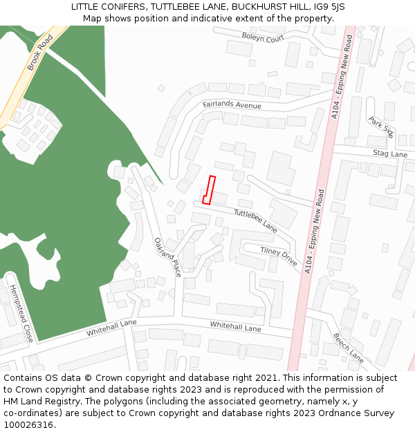 LITTLE CONIFERS, TUTTLEBEE LANE, BUCKHURST HILL, IG9 5JS: Location map and indicative extent of plot