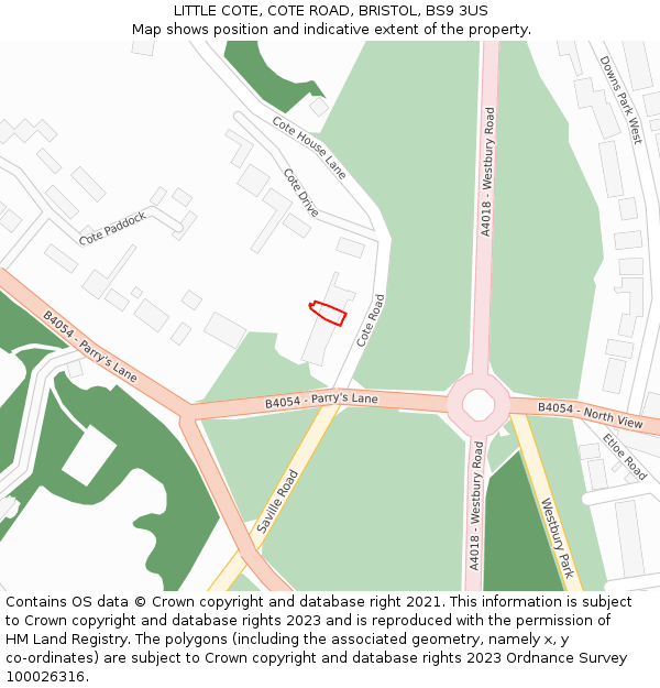 LITTLE COTE, COTE ROAD, BRISTOL, BS9 3US: Location map and indicative extent of plot