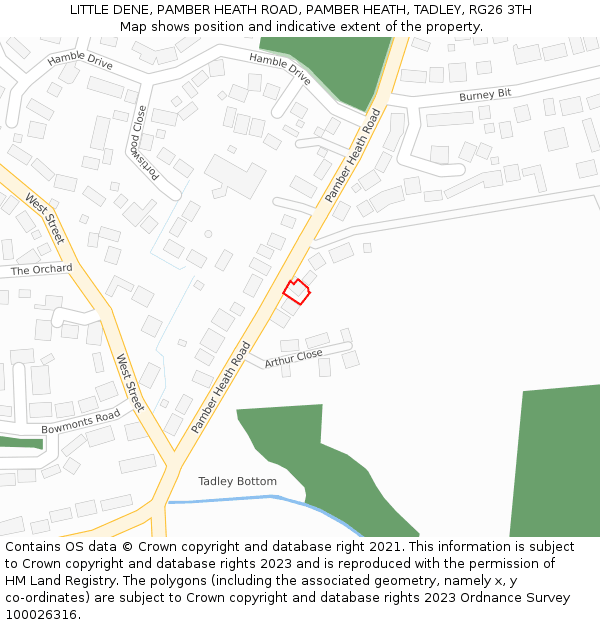 LITTLE DENE, PAMBER HEATH ROAD, PAMBER HEATH, TADLEY, RG26 3TH: Location map and indicative extent of plot