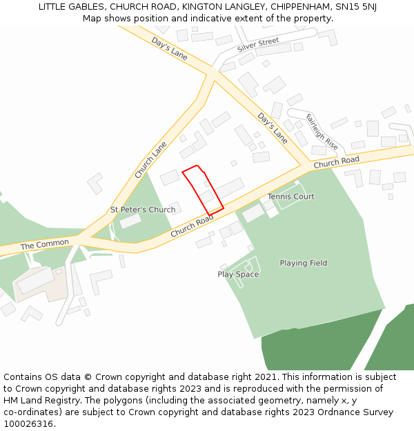 LITTLE GABLES, CHURCH ROAD, KINGTON LANGLEY, CHIPPENHAM, SN15 5NJ: Location map and indicative extent of plot