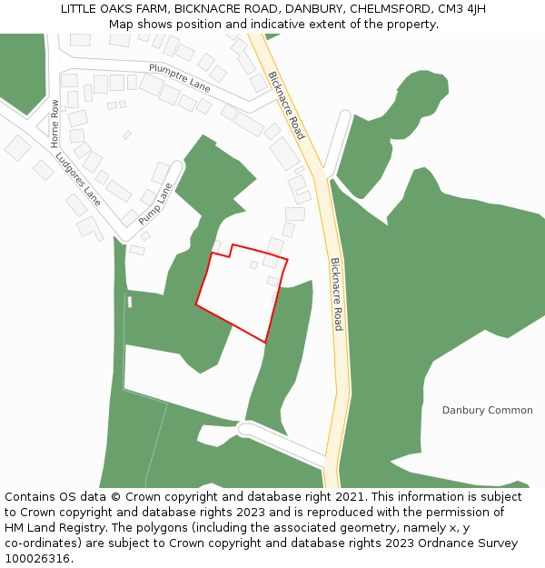LITTLE OAKS FARM, BICKNACRE ROAD, DANBURY, CHELMSFORD, CM3 4JH: Location map and indicative extent of plot