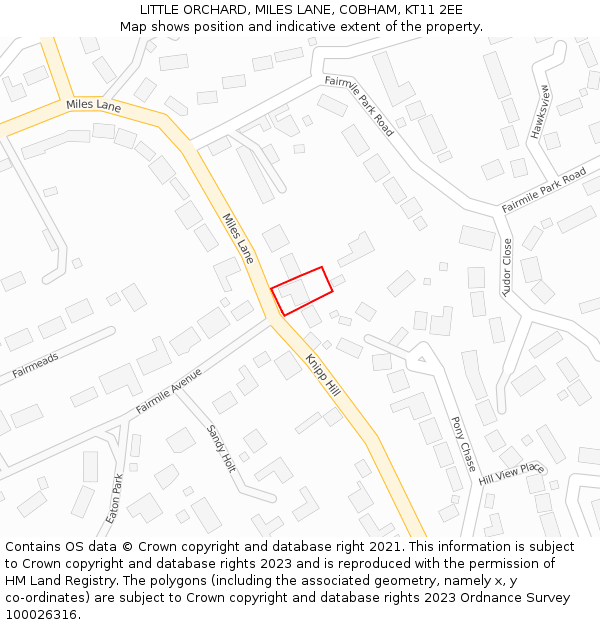 LITTLE ORCHARD, MILES LANE, COBHAM, KT11 2EE: Location map and indicative extent of plot