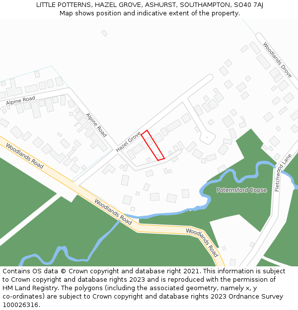 LITTLE POTTERNS, HAZEL GROVE, ASHURST, SOUTHAMPTON, SO40 7AJ: Location map and indicative extent of plot