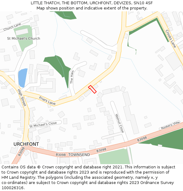 LITTLE THATCH, THE BOTTOM, URCHFONT, DEVIZES, SN10 4SF: Location map and indicative extent of plot