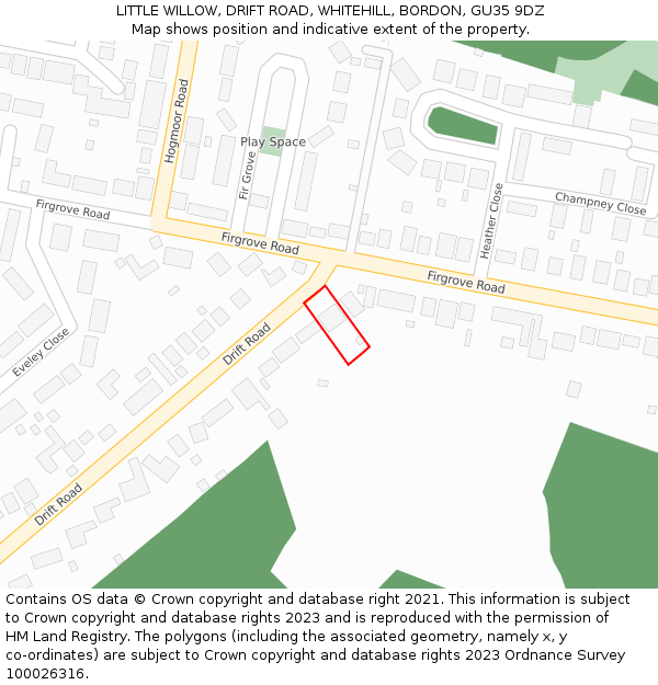 LITTLE WILLOW, DRIFT ROAD, WHITEHILL, BORDON, GU35 9DZ: Location map and indicative extent of plot