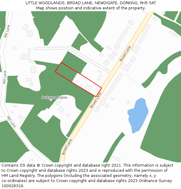 LITTLE WOODLANDS, BROAD LANE, NEWDIGATE, DORKING, RH5 5AT: Location map and indicative extent of plot