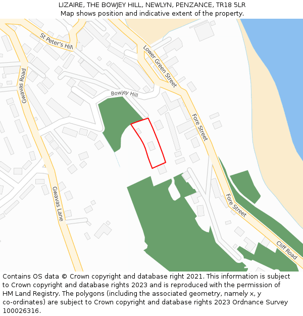 LIZAIRE, THE BOWJEY HILL, NEWLYN, PENZANCE, TR18 5LR: Location map and indicative extent of plot