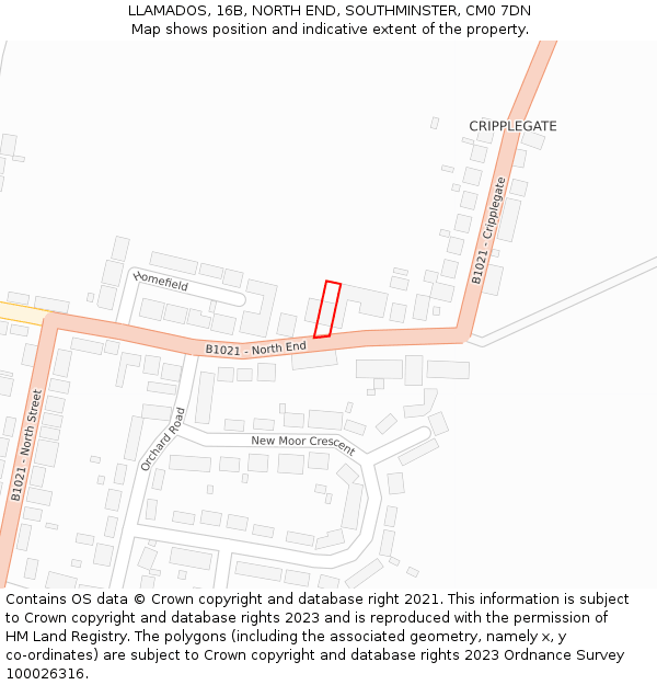 LLAMADOS, 16B, NORTH END, SOUTHMINSTER, CM0 7DN: Location map and indicative extent of plot