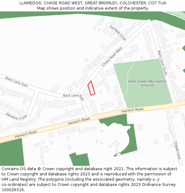 LLAMEDOS, CHASE ROAD WEST, GREAT BROMLEY, COLCHESTER, CO7 7UA: Location map and indicative extent of plot