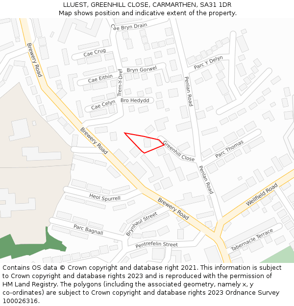 LLUEST, GREENHILL CLOSE, CARMARTHEN, SA31 1DR: Location map and indicative extent of plot