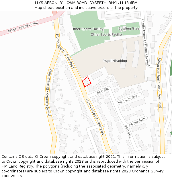 LLYS AERON, 31, CWM ROAD, DYSERTH, RHYL, LL18 6BA: Location map and indicative extent of plot