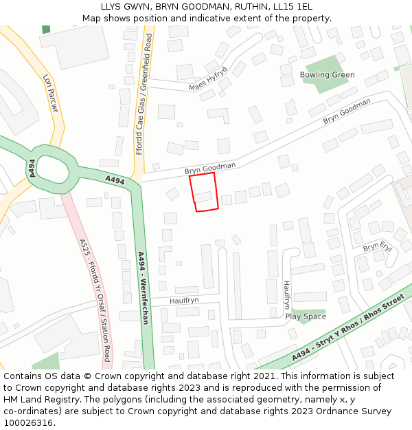 LLYS GWYN, BRYN GOODMAN, RUTHIN, LL15 1EL: Location map and indicative extent of plot