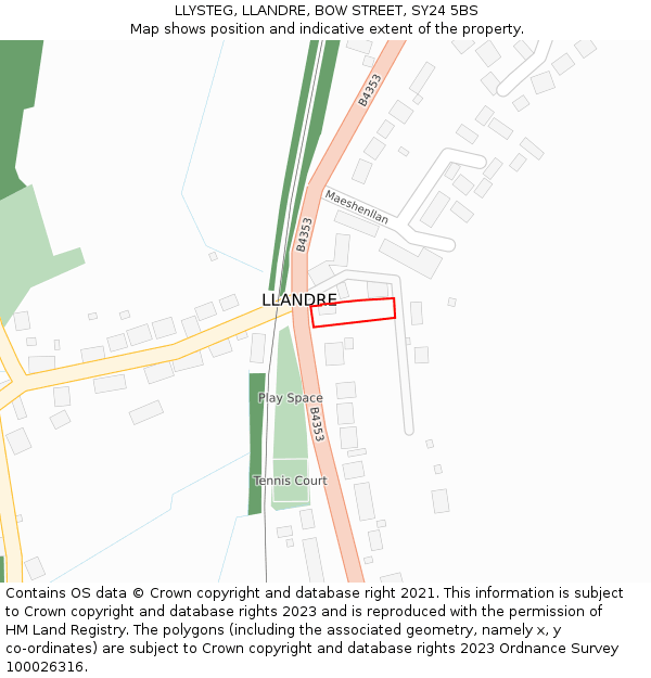 LLYSTEG, LLANDRE, BOW STREET, SY24 5BS: Location map and indicative extent of plot