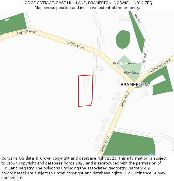 LODGE COTTAGE, EAST HILL LANE, BRAMERTON, NORWICH, NR14 7EQ: Location map and indicative extent of plot