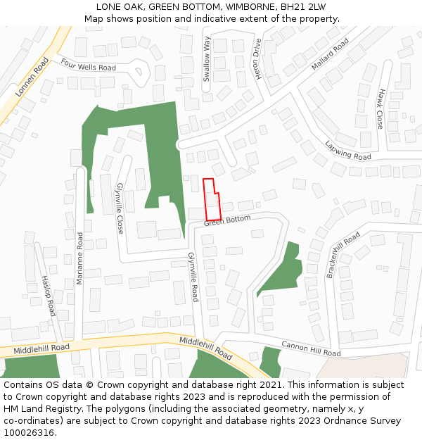 LONE OAK, GREEN BOTTOM, WIMBORNE, BH21 2LW: Location map and indicative extent of plot