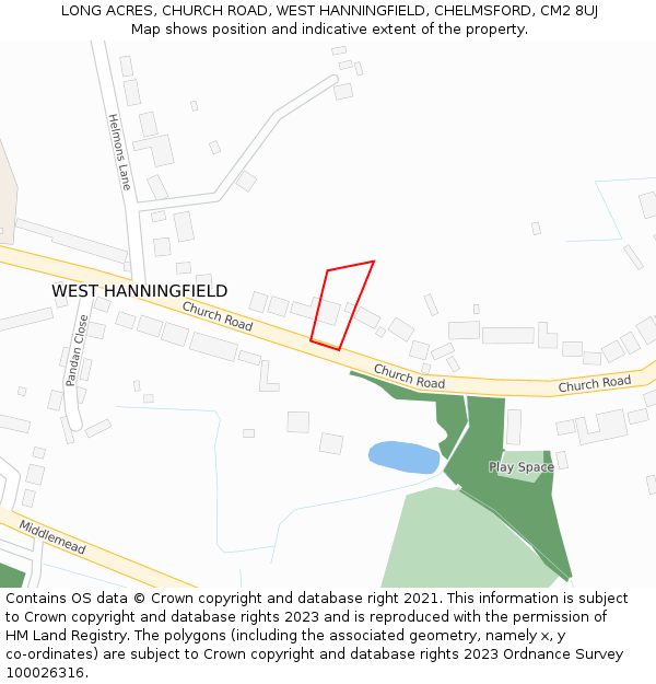LONG ACRES, CHURCH ROAD, WEST HANNINGFIELD, CHELMSFORD, CM2 8UJ: Location map and indicative extent of plot