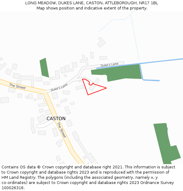 LONG MEADOW, DUKES LANE, CASTON, ATTLEBOROUGH, NR17 1BL: Location map and indicative extent of plot