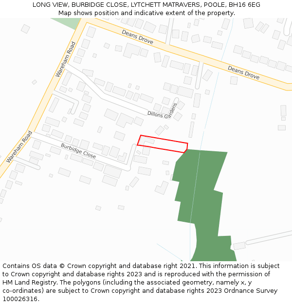 LONG VIEW, BURBIDGE CLOSE, LYTCHETT MATRAVERS, POOLE, BH16 6EG: Location map and indicative extent of plot