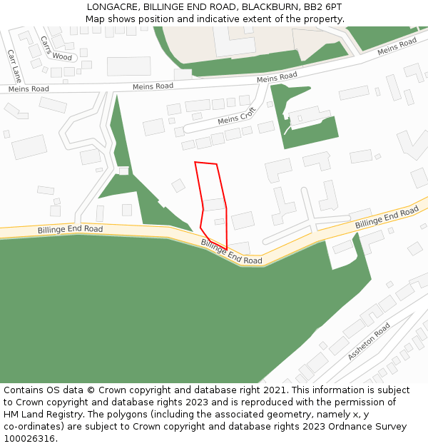 LONGACRE, BILLINGE END ROAD, BLACKBURN, BB2 6PT: Location map and indicative extent of plot