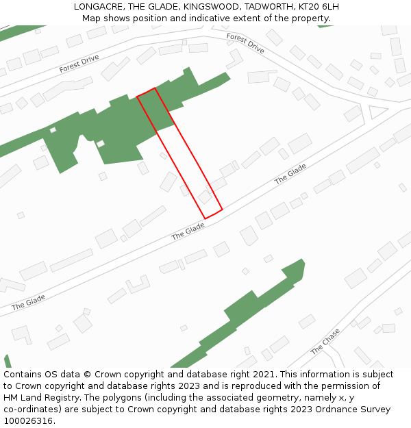 LONGACRE, THE GLADE, KINGSWOOD, TADWORTH, KT20 6LH: Location map and indicative extent of plot