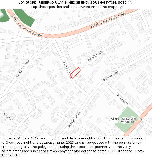 LONGFORD, RESERVOIR LANE, HEDGE END, SOUTHAMPTON, SO30 4AX: Location map and indicative extent of plot