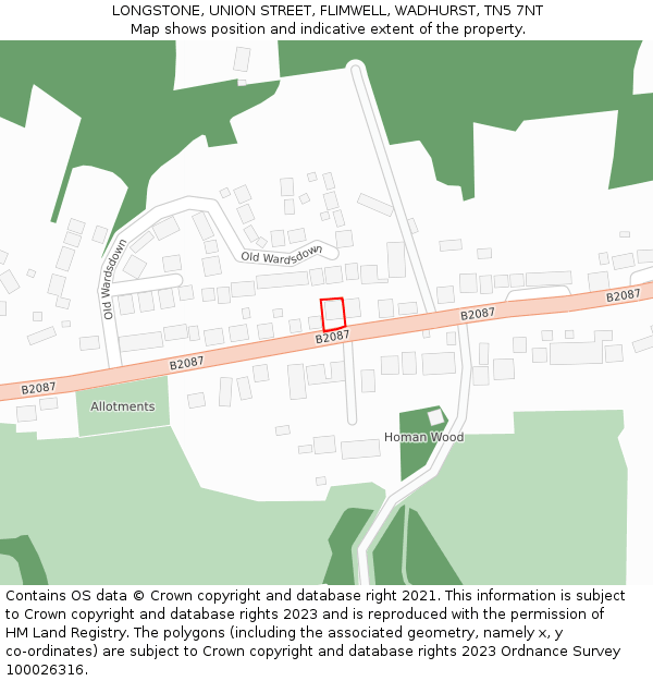 LONGSTONE, UNION STREET, FLIMWELL, WADHURST, TN5 7NT: Location map and indicative extent of plot