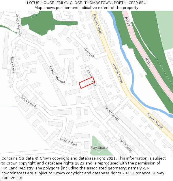 LOTUS HOUSE, EMLYN CLOSE, THOMASTOWN, PORTH, CF39 8EU: Location map and indicative extent of plot