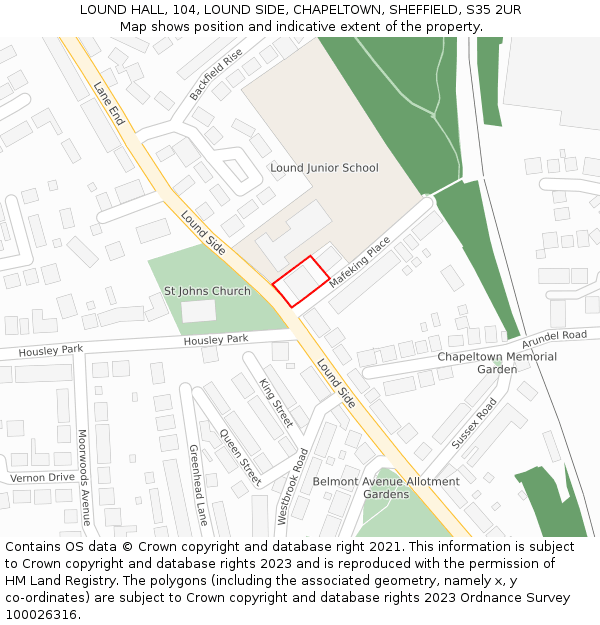 LOUND HALL, 104, LOUND SIDE, CHAPELTOWN, SHEFFIELD, S35 2UR: Location map and indicative extent of plot