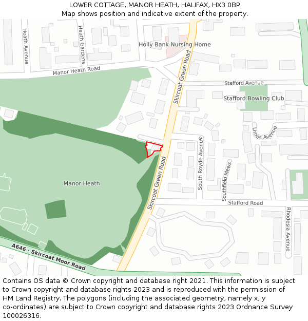 LOWER COTTAGE, MANOR HEATH, HALIFAX, HX3 0BP: Location map and indicative extent of plot