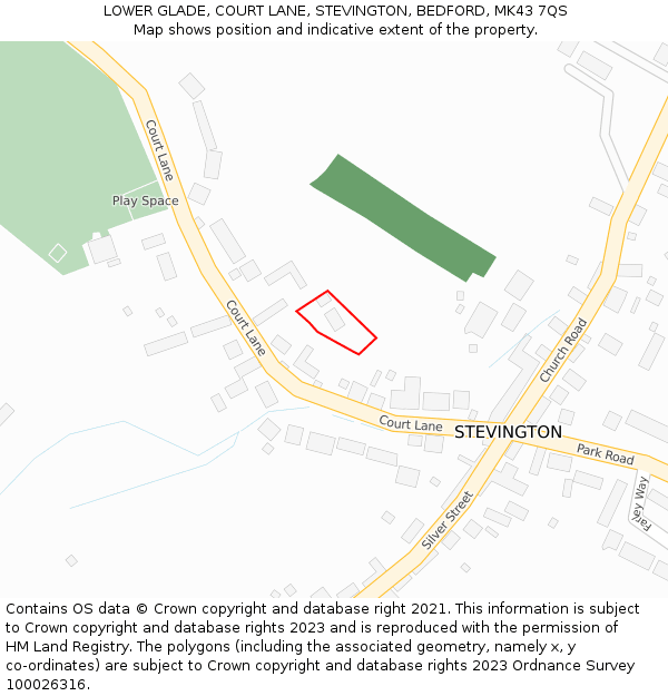 LOWER GLADE, COURT LANE, STEVINGTON, BEDFORD, MK43 7QS: Location map and indicative extent of plot