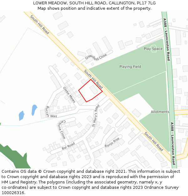 LOWER MEADOW, SOUTH HILL ROAD, CALLINGTON, PL17 7LG: Location map and indicative extent of plot