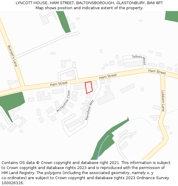 LYNCOTT HOUSE, HAM STREET, BALTONSBOROUGH, GLASTONBURY, BA6 8PT: Location map and indicative extent of plot