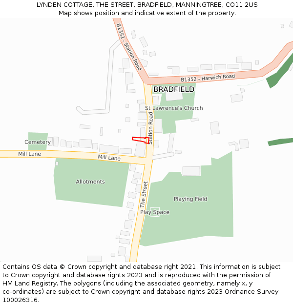 LYNDEN COTTAGE, THE STREET, BRADFIELD, MANNINGTREE, CO11 2US: Location map and indicative extent of plot