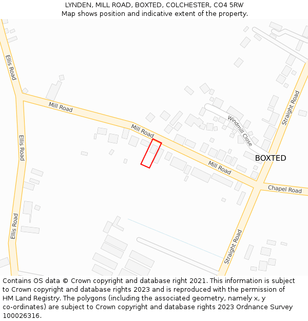 LYNDEN, MILL ROAD, BOXTED, COLCHESTER, CO4 5RW: Location map and indicative extent of plot