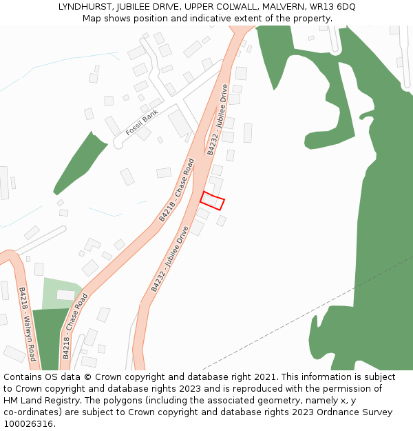 LYNDHURST, JUBILEE DRIVE, UPPER COLWALL, MALVERN, WR13 6DQ: Location map and indicative extent of plot