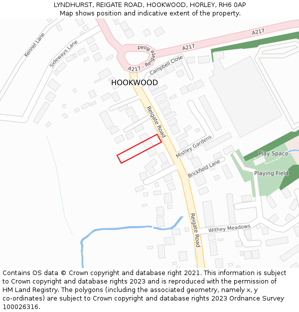 LYNDHURST, REIGATE ROAD, HOOKWOOD, HORLEY, RH6 0AP: Location map and indicative extent of plot