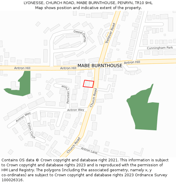 LYONESSE, CHURCH ROAD, MABE BURNTHOUSE, PENRYN, TR10 9HL: Location map and indicative extent of plot