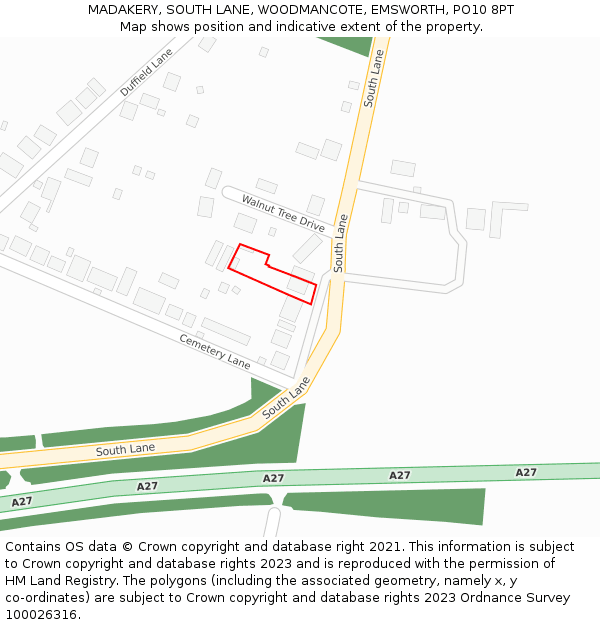 MADAKERY, SOUTH LANE, WOODMANCOTE, EMSWORTH, PO10 8PT: Location map and indicative extent of plot