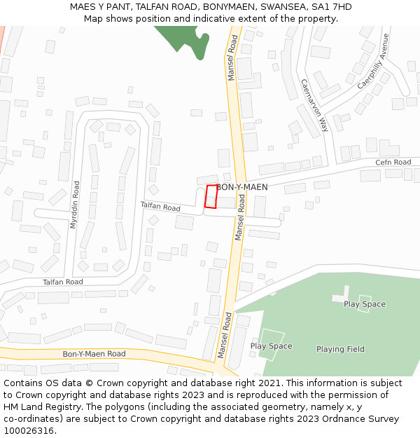 MAES Y PANT, TALFAN ROAD, BONYMAEN, SWANSEA, SA1 7HD: Location map and indicative extent of plot