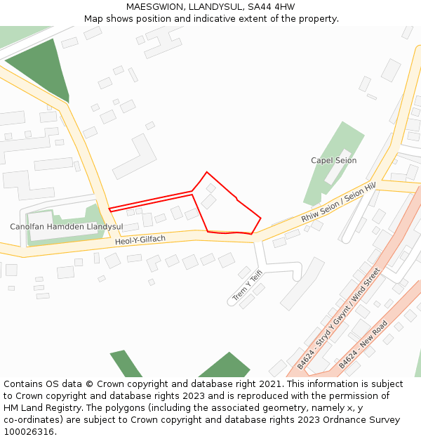 MAESGWION, LLANDYSUL, SA44 4HW: Location map and indicative extent of plot