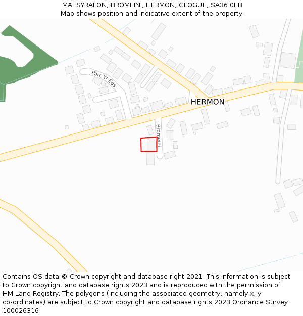 MAESYRAFON, BROMEINI, HERMON, GLOGUE, SA36 0EB: Location map and indicative extent of plot