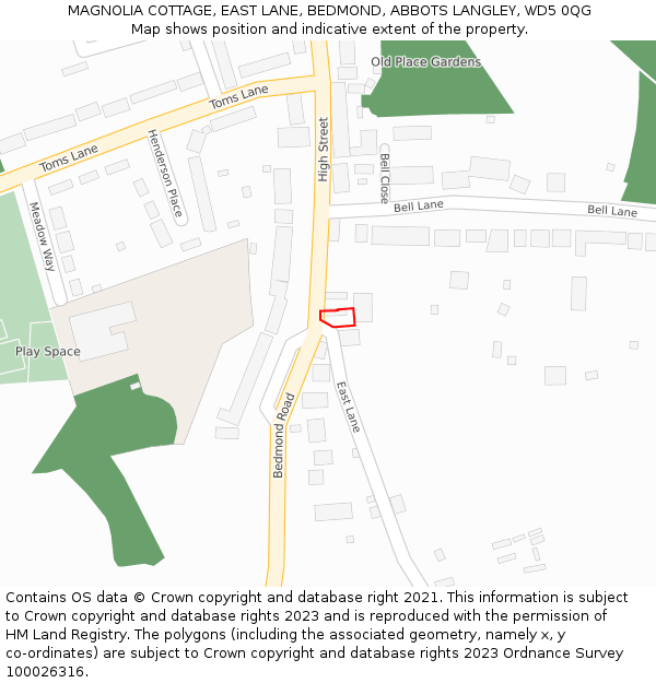 MAGNOLIA COTTAGE, EAST LANE, BEDMOND, ABBOTS LANGLEY, WD5 0QG: Location map and indicative extent of plot