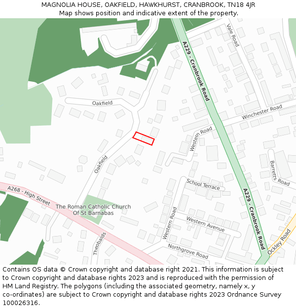 MAGNOLIA HOUSE, OAKFIELD, HAWKHURST, CRANBROOK, TN18 4JR: Location map and indicative extent of plot