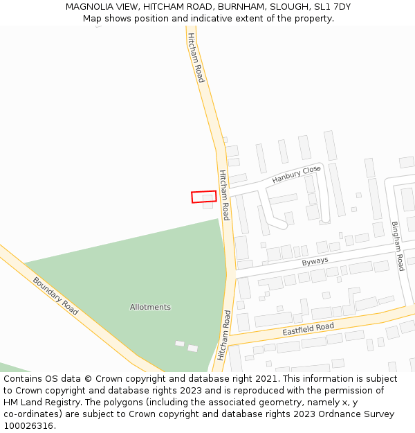 MAGNOLIA VIEW, HITCHAM ROAD, BURNHAM, SLOUGH, SL1 7DY: Location map and indicative extent of plot