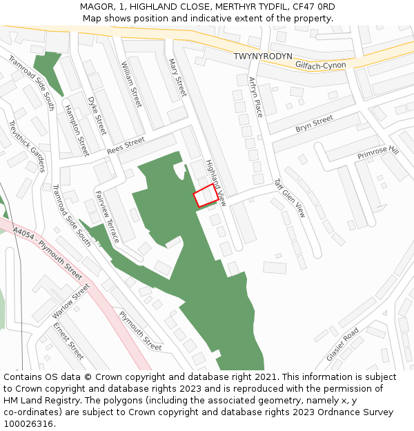 MAGOR, 1, HIGHLAND CLOSE, MERTHYR TYDFIL, CF47 0RD: Location map and indicative extent of plot