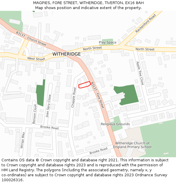 MAGPIES, FORE STREET, WITHERIDGE, TIVERTON, EX16 8AH: Location map and indicative extent of plot