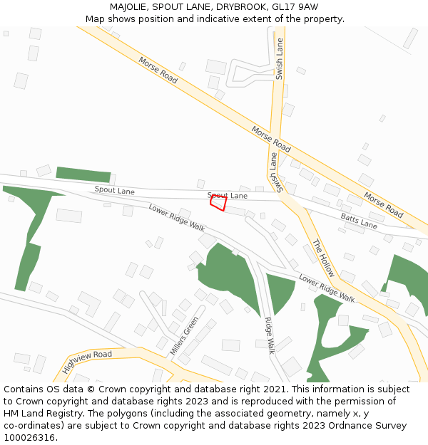 MAJOLIE, SPOUT LANE, DRYBROOK, GL17 9AW: Location map and indicative extent of plot