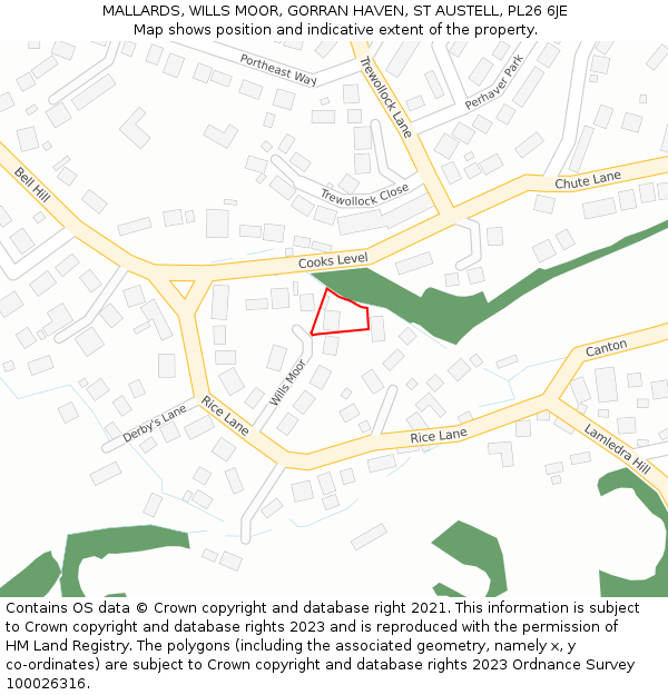 MALLARDS, WILLS MOOR, GORRAN HAVEN, ST AUSTELL, PL26 6JE: Location map and indicative extent of plot