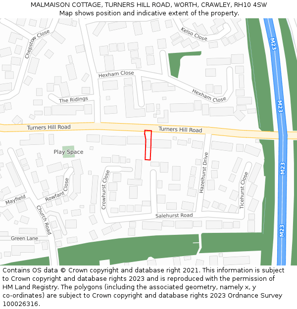 MALMAISON COTTAGE, TURNERS HILL ROAD, WORTH, CRAWLEY, RH10 4SW: Location map and indicative extent of plot